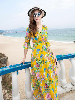Pretty Bohemia Floral Half Sleeve Beach Maxi Dress