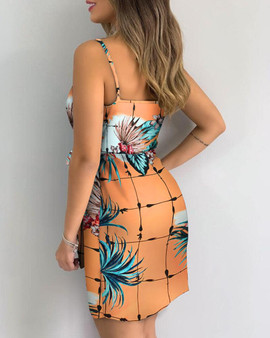 V Neck Leaf Print Mini Summer Dress