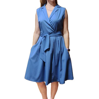 Casual Women Dress Sleeveless Notched Navy Blue Dress