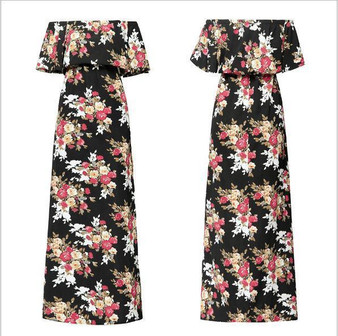 Off Shoulder Colorful Floral Printed Split Maxi Dress