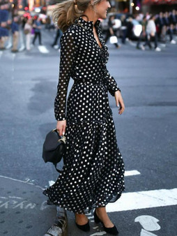 Polka Dot Long Sleeve V Neck Maxi Dress