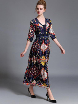 Pretty Bohemia Printed Half Sleeve V Neck Maxi Dress