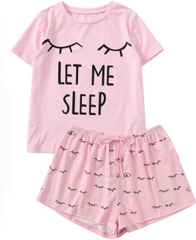 Women's Sleepwear Closed Eyes Print Tee and Shorts Pajama Set