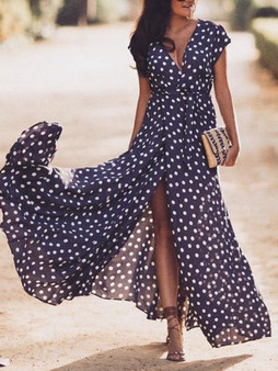 Sexy Deep V Polka Print Sleeveless Cardigan Strap Maxi Dress