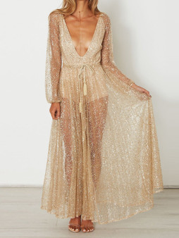 Sexy Deep V Sequin Perspective Long Sleeve Holiday Dress