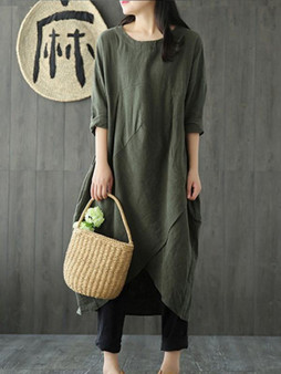 Solid Color Linen Cotton Loose Maxi Dress