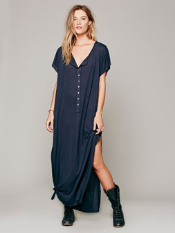 Solid Color Short Sleeve Button Side Split Loose Casual Maxi Dress