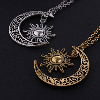 Bronze Crescent Moon and Sun Pendant Necklace Retro