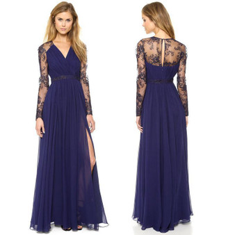 Lace Embroidered Splice V Neck Long Sleeve Evening Maxi Dress