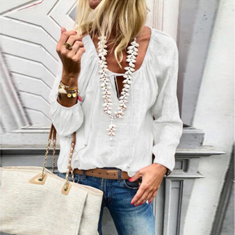 Lace Up Fashion Solid Color V Neck Long Sleeve Blouses