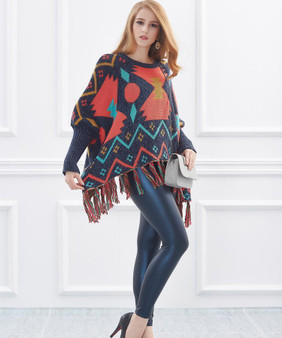 Loose Batwing Long Sleeve Tassels Geometric Knitted Poncho Sweaters