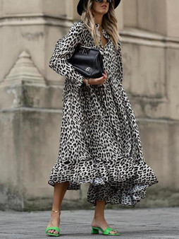 Loose Animal Printed Long Sleeve Maxi Dress