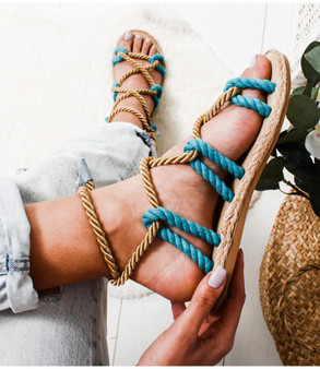 Colorful Hemp Rope Lace Up Gladiator Summer Flat Shoes Sandals