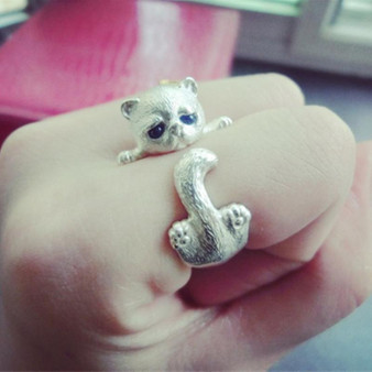 Fashion Lovely Silver Crystal Blue Eyes Cat Open Ring Jewelry