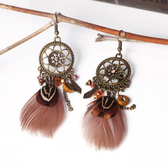 Bohemian Feather Retro Round Dream Catcher Delicate Earrings