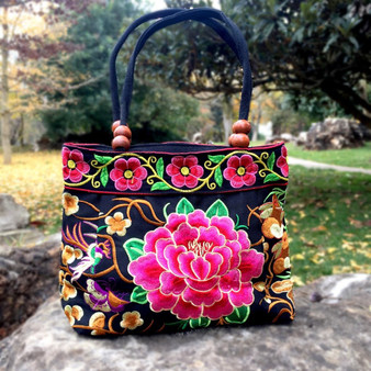 Big Peony Embroidery Ethnic Travel Women Shoulder Bags Handmade Canvas Wood Beads Handbag