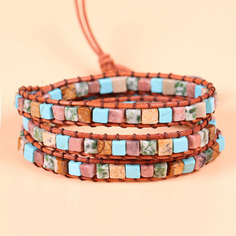 Multi-Layer Beads Natural Stone Turquoises Wrap Leather Bracelet