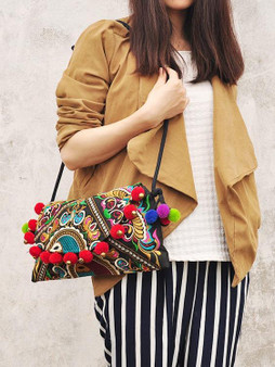 Ethnic Embroidery Shoulder Cross Pom Ball Small Bag