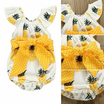 Newborn Baby Girl Clothes Fly Sleeve Pineapple Print Bowknot Cotton Romper Jumpsuit One-Piece Outfit Sunsuit Summer