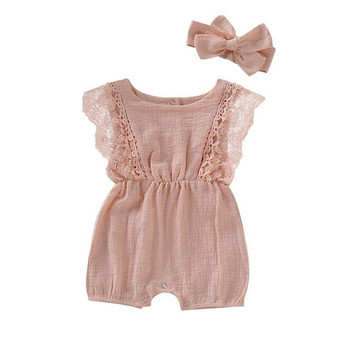 Summer Newborn Girls Rompers Set Toddler Infant Flare Sleeve Solid Print Lace Design Romper Jumpsuit with Headband One-Pieces