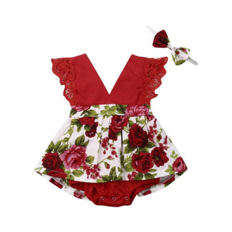 Baby Summer Clothing Infant Baby Girls Floral Playsuit Sleeveless Lace V-Neck Ruffles Jumpsuit Headband Outfits