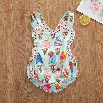 Emmababy Newborn Baby Girl Clothes Ice Cream Print Sleeveless Ruffle Backless Cute Romper One-Piece Outfit Sunsuit Summer