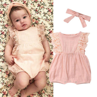 Newborn Baby Girl Bowknot Jumpsuit Headband Outfits Clothes Set
