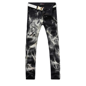 2017 New fashion Men's wolf  printed jeans men slim straight Black stretch jeans high quality