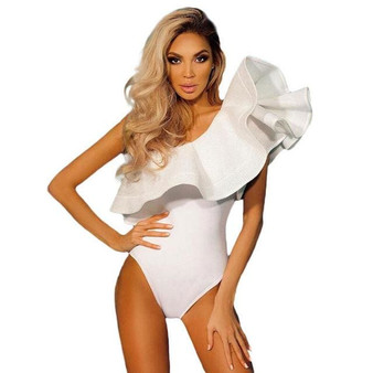 Shutterchic One Shoulder Ruffles Bodysuit Sexy Bodycon Jumpsuit Black White Solid Women Low Cut