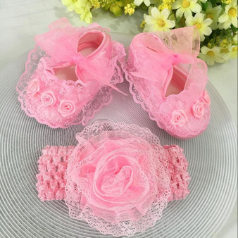 Kids flowers Shoes  Girl Princess Lace Headband Cute Infant Girl Toddler Shoes Set Newborn