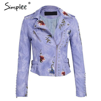 Simplee Embroidery floral faux leather jacket White basic jackets outerwear coats Women casual