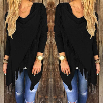 YJSFG HOUSE Spring Autumn Cardigans Tops Women Casual Loose Long Sleeve Irregular Hem Tassel