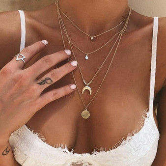 women Fashion Jewelry Long moon Tassel Gold color Choker Chain Necklace