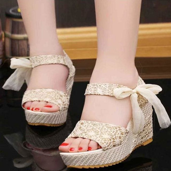 Summer New Sweet Flowers Buckle Open Toe Wedge Sandals Floral high-heeled