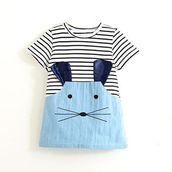 TANGUOANT Striped Patchwork Character Girl Dresses Long Sleeve Cute Mouse Children Clothing Kids
