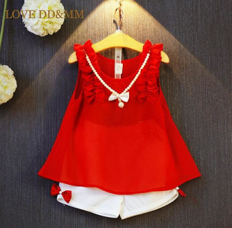 Girls Clothing Sets 2017 New Summer Girls Clothes Sleeveless Chiffon Necklace Tops + Shorts Suits