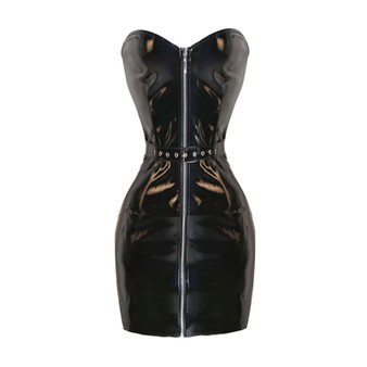 Sexy Black Faux Leather Pencil Bodycon Prom Tube Strapless Mini Dresses zipper Buckle. Plus Size Womens Shapewear |  FajasShapewear.com