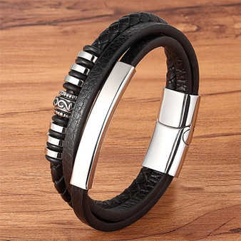 Stainless Steel Genuine Leather Bracelet For Men
