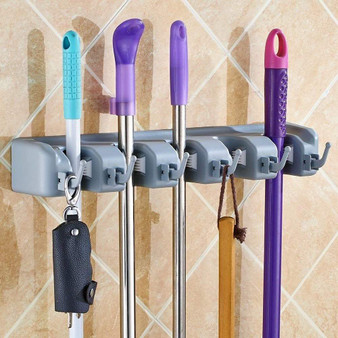 Pack of 2 Mop and Broom Holder Wall Mount Storage with 6 Foldable Hooks, Heavy Duty Garage & Garden Tools Hanger Rack, Commercial Kitchen Closet Wall Organizer (18 Months Warranty)