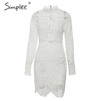 Simplee sexy turtleneck white dress Hollow out long sleeve party night lace dress Elegant straight women autumn chic mini dress