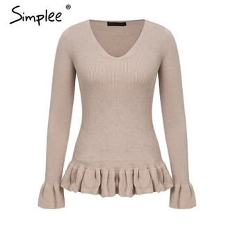 Simplee Ruffle knitted women sweater Flare sleeve v neck peplum tops sweater Autumn winter 2018 casual sweater female