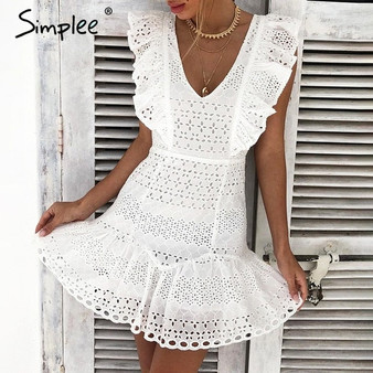 Simplee Elegant cotton embroidery women summer dress Ruffled high waist korean white dress Vintage sexy v-neck party mini dress