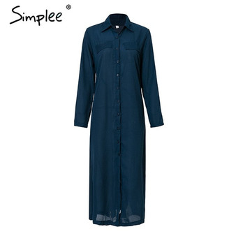 Simplee Casual button long summer dress shirt 2018  office lady Vintage maxi women dress plus size V neck chiffon dress festa