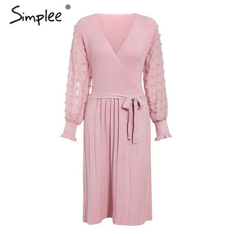 Simplee Elegant women knitted dress Sexy v-neck long sleeve pleated belted female dress Autumn winter sweater slim party dresses