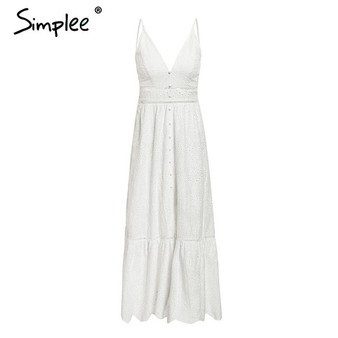 Simplee Embroidery white sexy women summer dress V neck spaghetti strap pearl buttons cotton dresses Evening party long vestidos