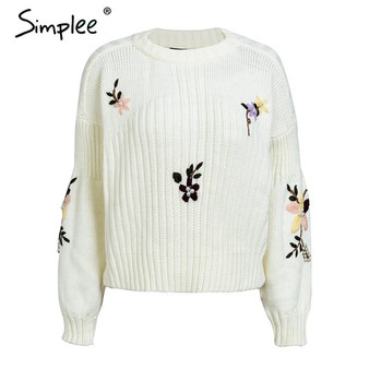 Simplee Embroidery floral knitted sweater Women casual white winter pullover Autumn elegant streetwear jumper 2018
