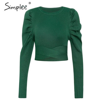 Simplee O-neck bandage pullover sweater women Autumn winter chic female sweater Streetwear party puff sleeve ladies jumper toess