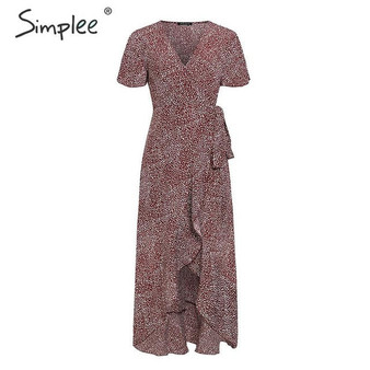 Simplee Lace up leopard print sexy long dress Summer V-neck short sleeve dots plus size dress women Elegant split fashion dress