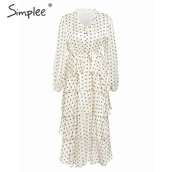 Simplee Elegant polka dots dress women Long sleeve ruffled long cake dresses female Vintage ladies evening party dress vestidos