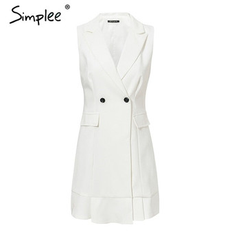 Simplee White blazer work dress women V neck ruffle A line slim sleeveless party dress Office ladies short white dress vestidos